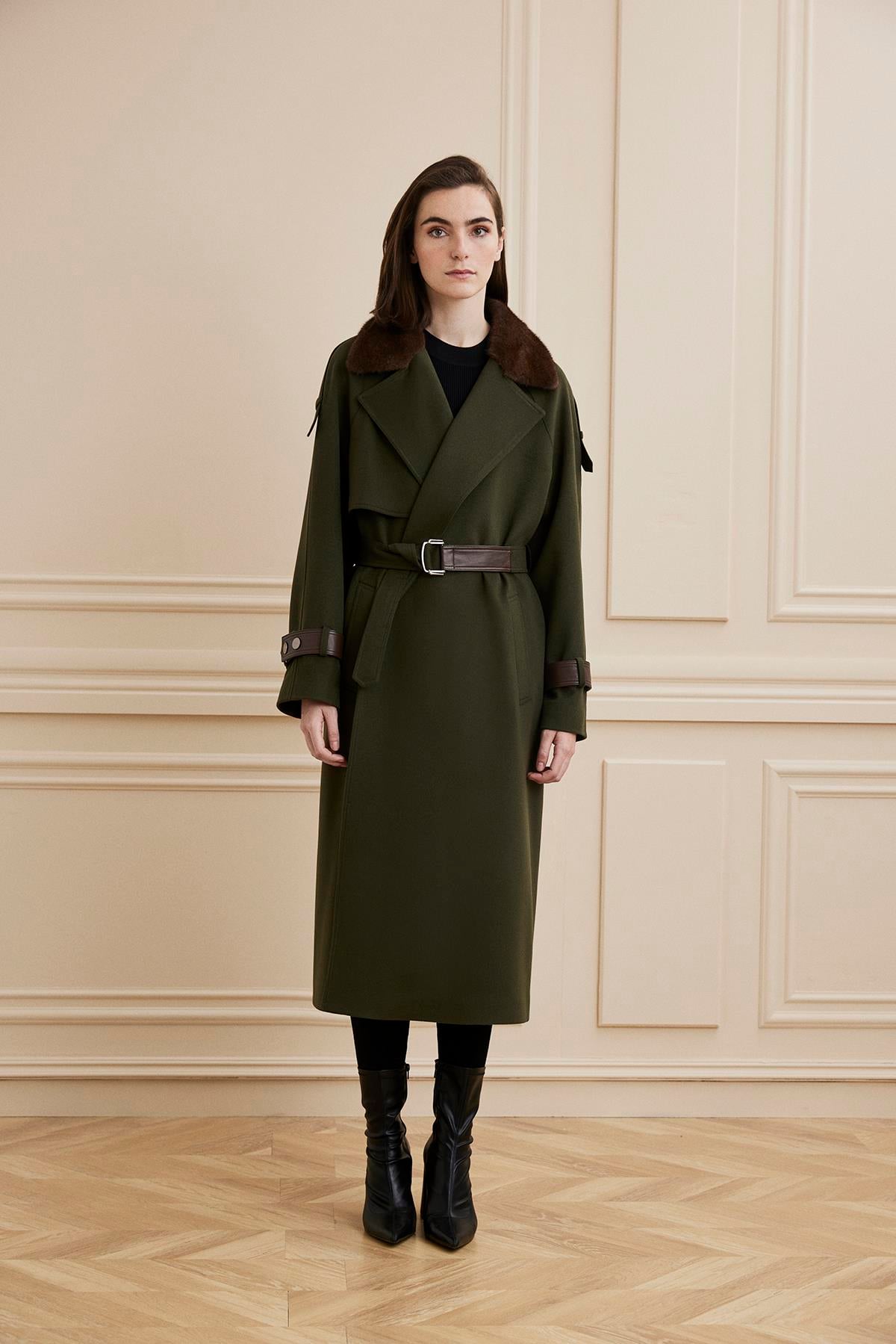 Shaky Women's Loro Piana 100% Cashmere Fabric Coat With Mink Khaki Green