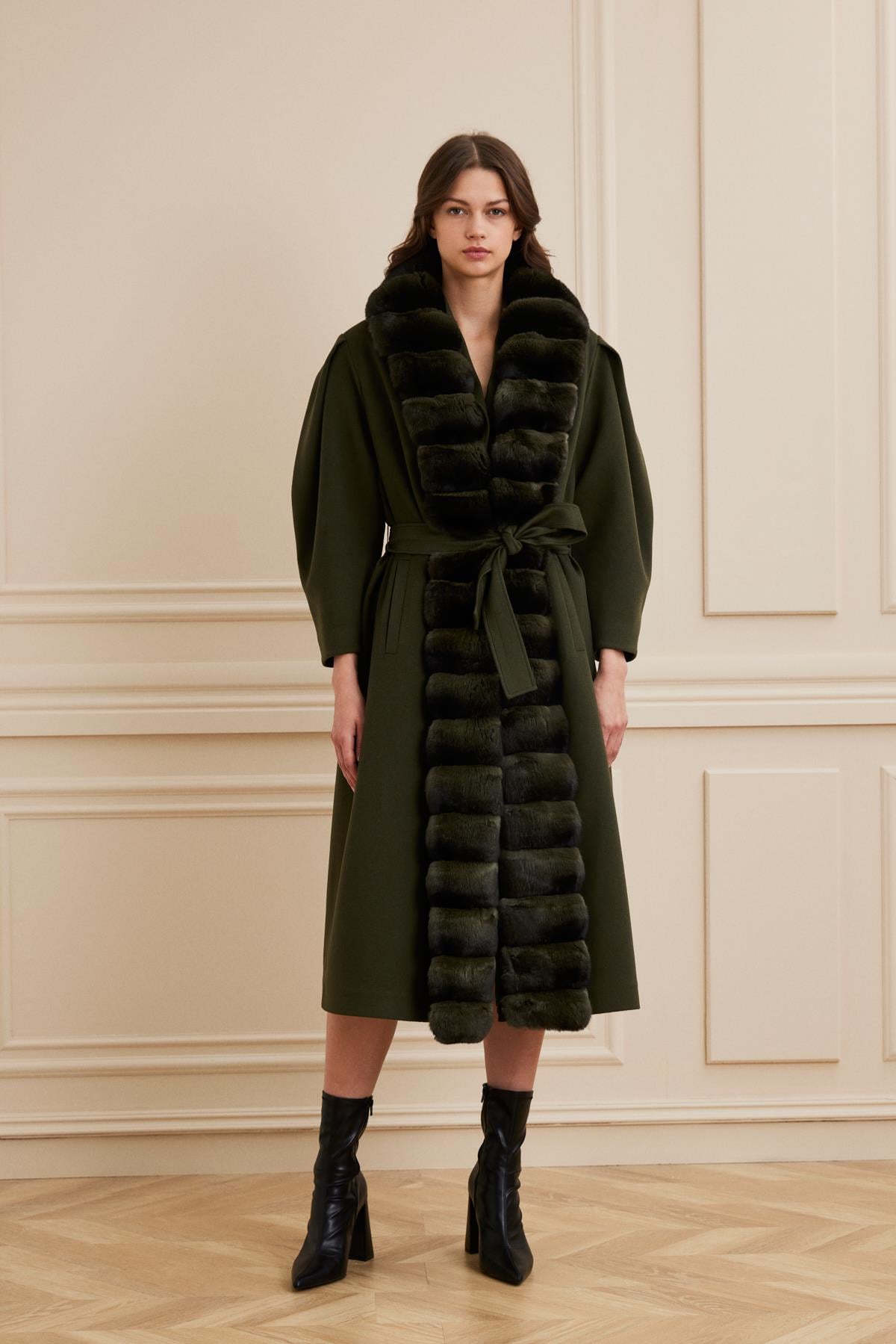 Shaky Women's Loro Piana 100% Cashmere Fabric Coat With Chinchilla Trimming Khaki Green