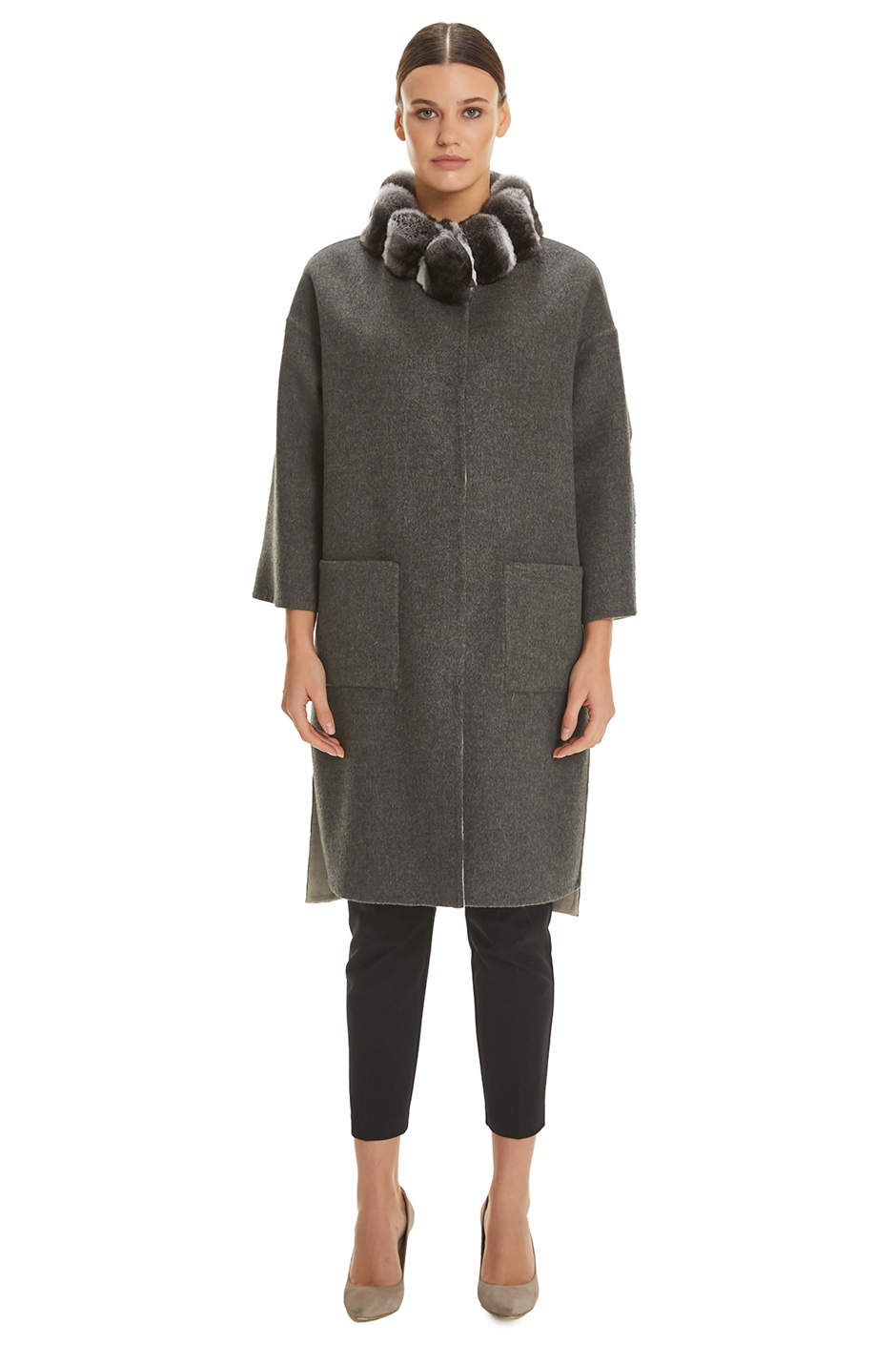 Shaky Women's Loro Piana 100% Wool Fabric Coat with Chinchilla trimming
