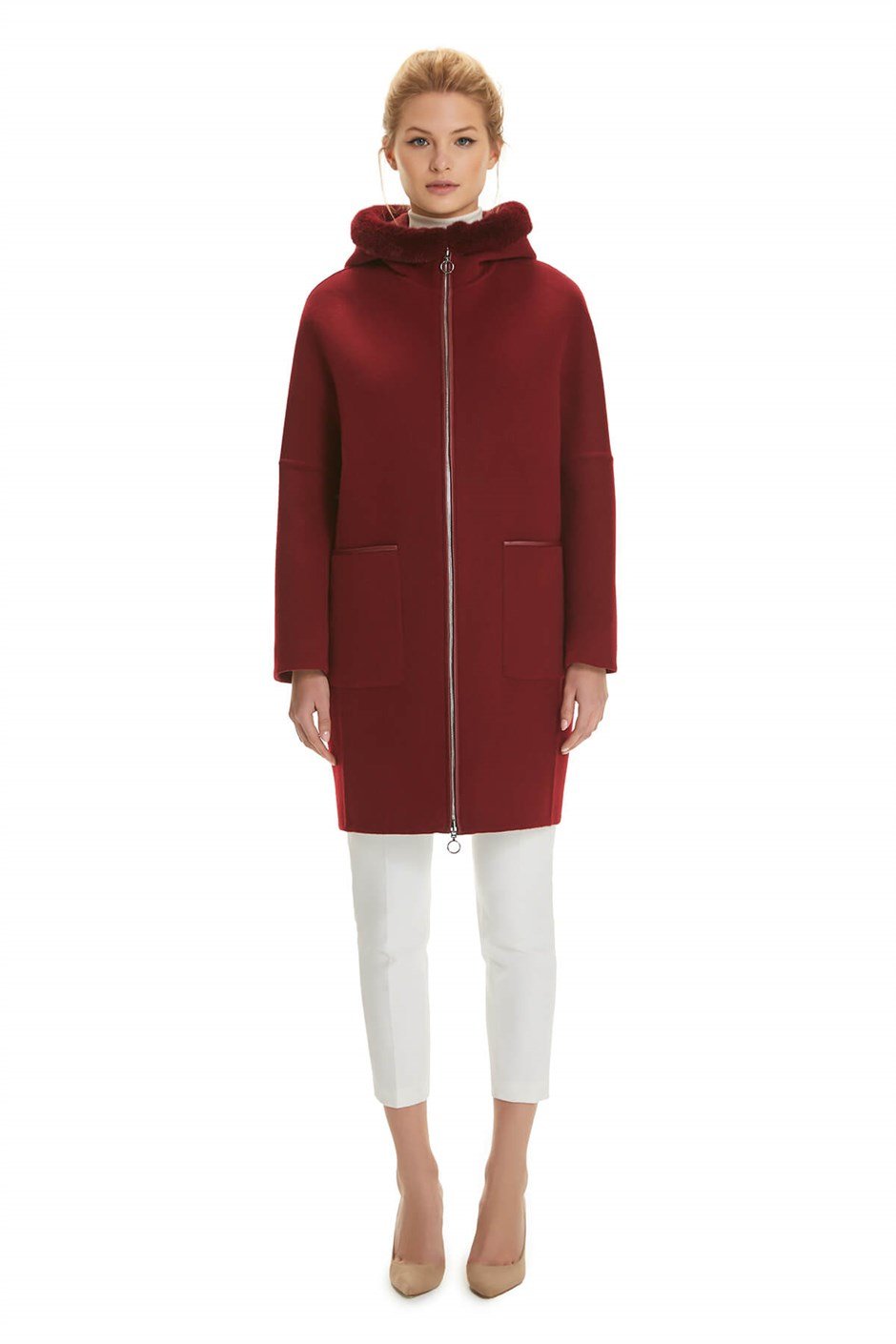 Shaky Women's Loro Piana 100% Wool Fabric Short Coat with Mink trimming Cherry