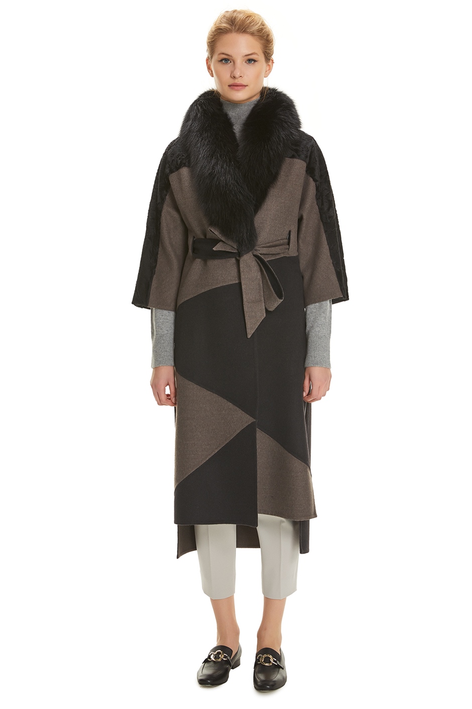 Shaky Women's Loro Piana 100% Wool Fabric Coat with Astraghan and Fox trimming