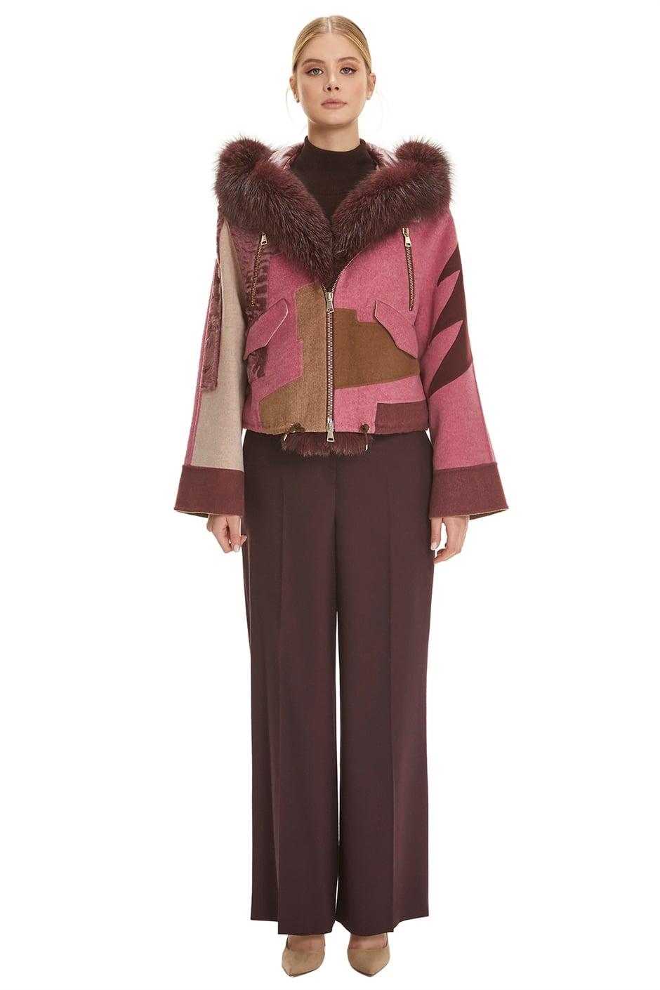 Shaky Women's Loro Piana 100% Wool Fabric Jacket with Astraghan and Fox Trimming