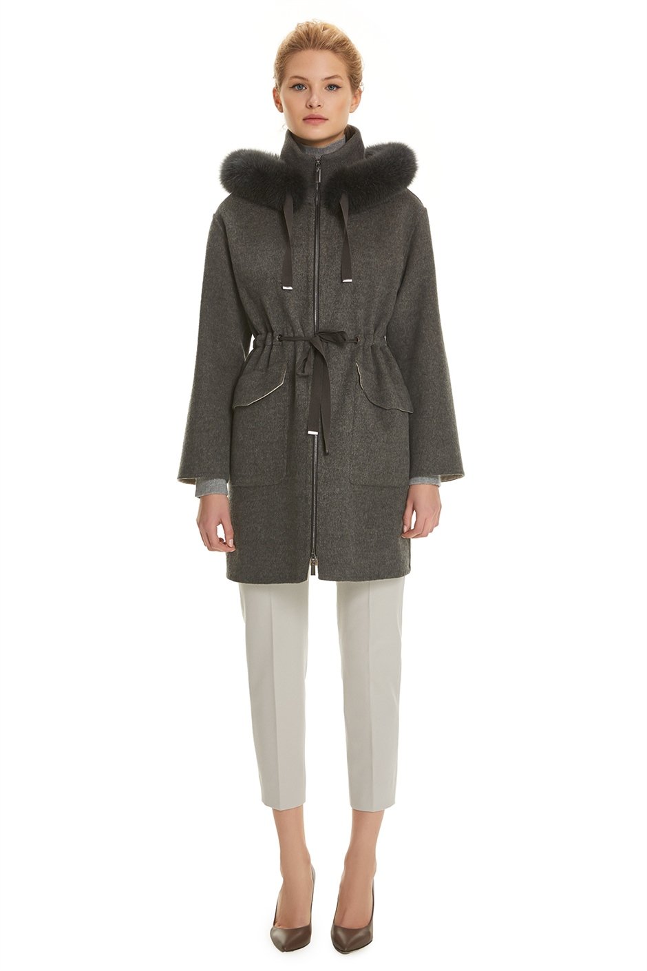 Shaky Women's Loro Piana 100% Wool Fabric Short Coat with Fox trimming