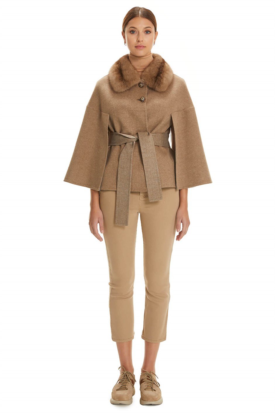Shaky Women's Loro Piana 100% Wool Fabric Jacket with Sable trimming Camel/Grey