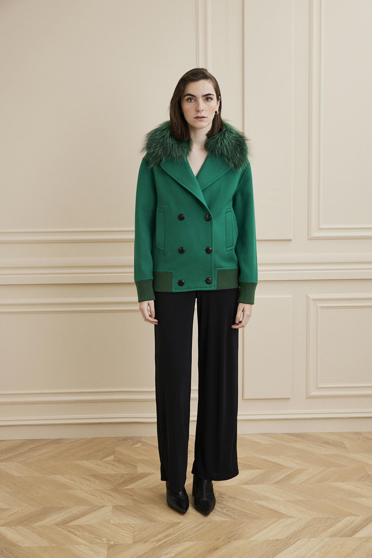 Shaky Women's Loro Piana 93% Wool 7% Cashmere Fabric Jacket With Fox Trimming Green