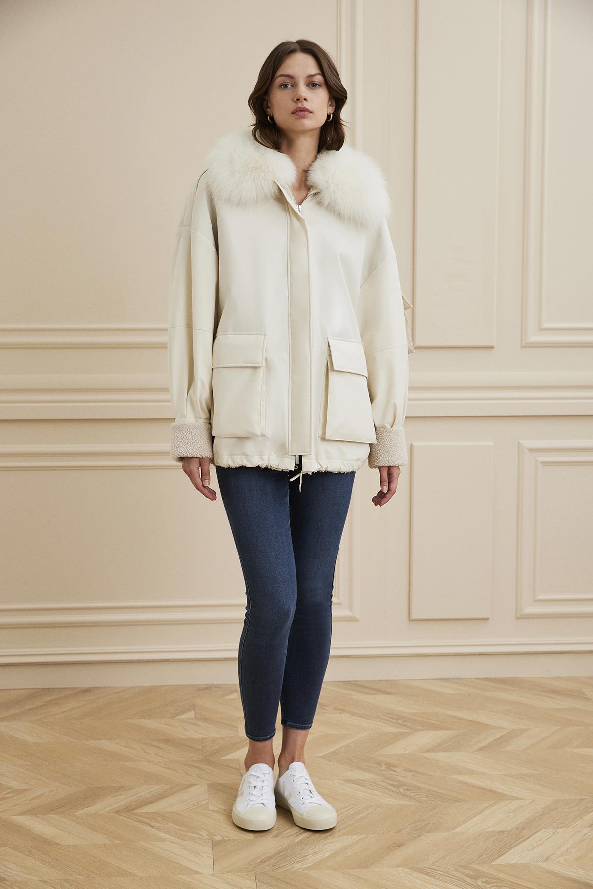 Shaky Women's Nylon Fabric Jacket With Collar Fox Trimming, Shearling Inside  Cream C-411