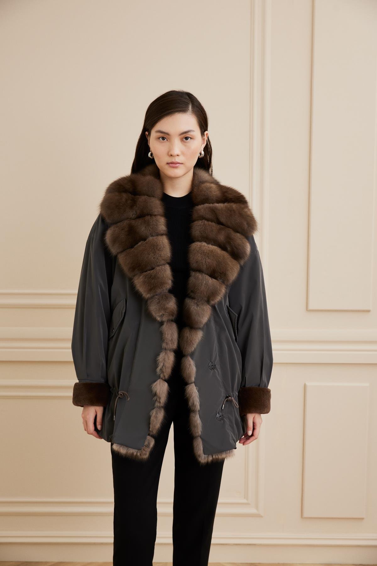 Shaky Women's Nylon Fabric Short Coat With Sable and Mink Trimming Sand Color