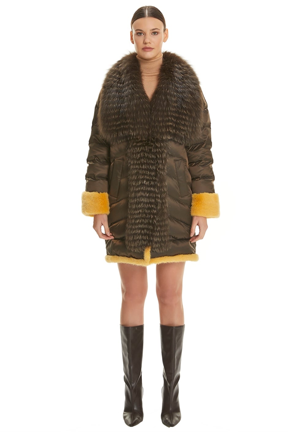 Shaky Women's Nylon Fabric Short Coat with Fox and Mink trimming