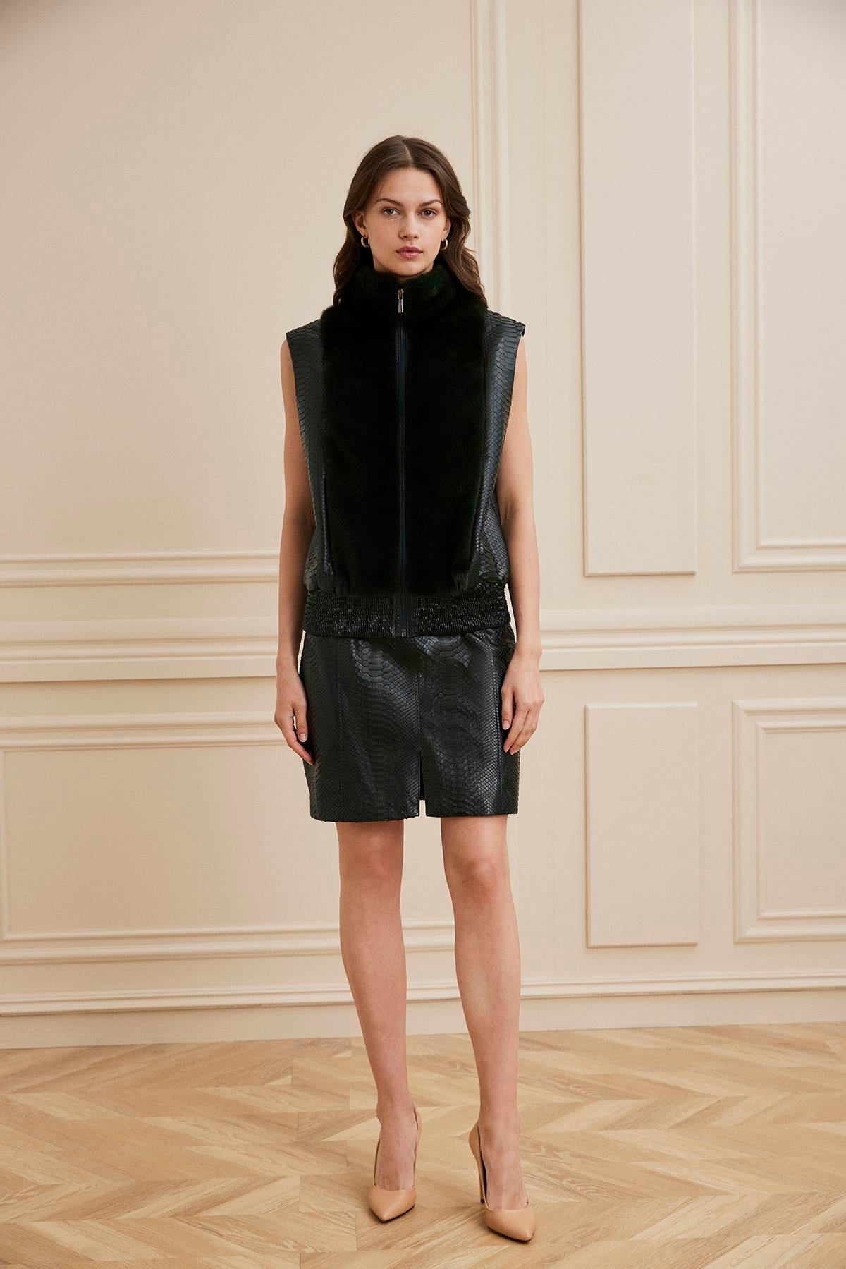 Shaky Women's Set Skirt-Waistcoat Python Leather With  Mink Trimming Dark Green