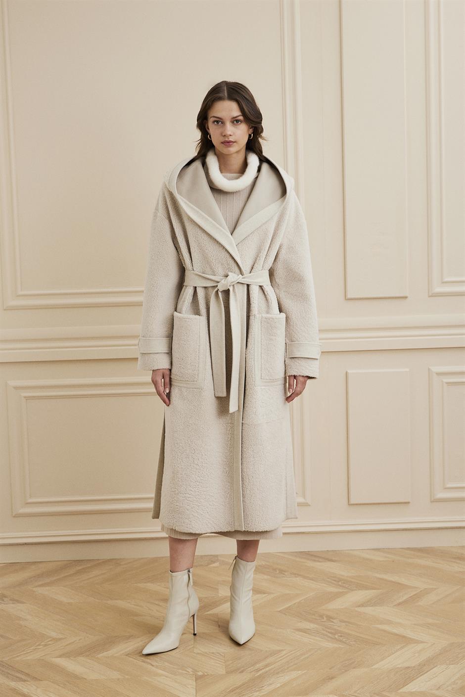 Shaky Women's Shearling Coat with Textile trimming Beige/TT5081