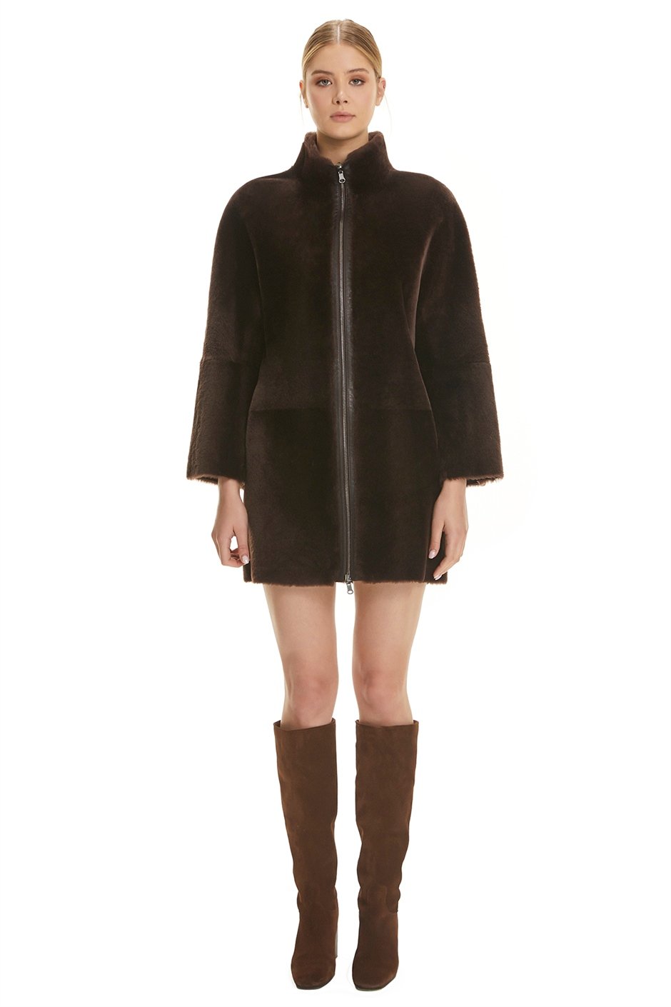 Shaky Women's Shearling Short Coat with Leather trimming