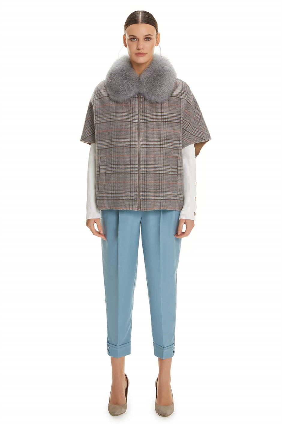 Shaky Women's Textile Cape with Fox trimming Ekose/Camel