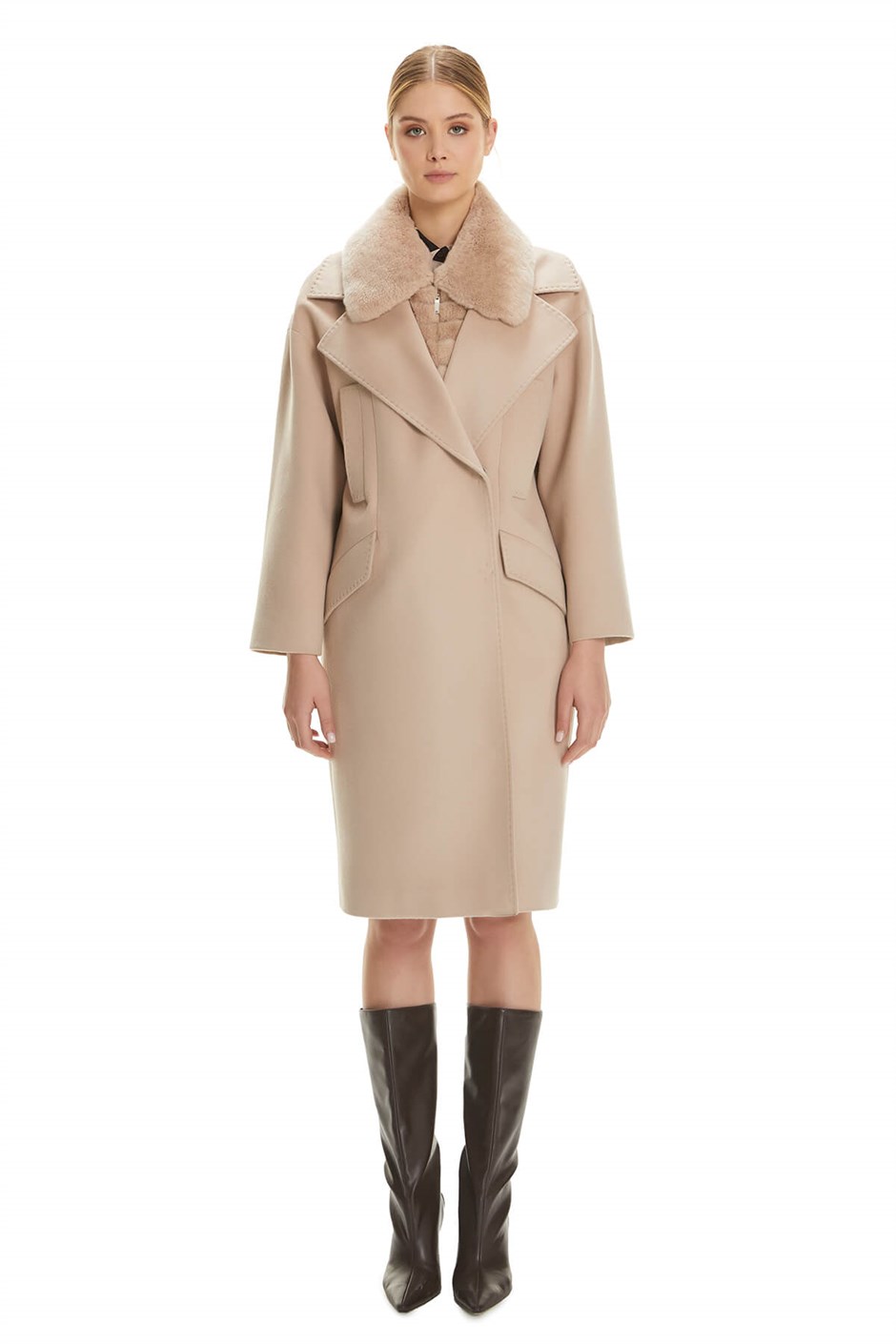 Shaky Women's Textile Short Coat with Rex trimming Beige