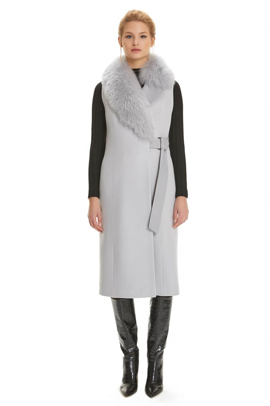 Shaky Women's Isea 95% Wool 5% Cashmere Fabric Waistcoat with Fox trimming Grey