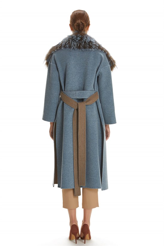 Shaky Women's Loro Piana 100% Wool Fabric Coat with Fox trimming Camel/Blue