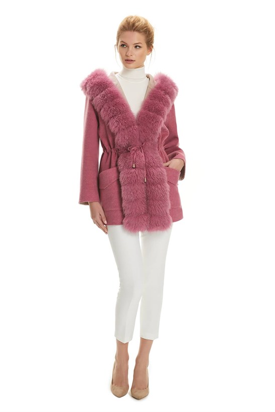 Shaky Women's Loro Piana 100% Wool Fabric Jacket with Fox trimming Pembe/Beige