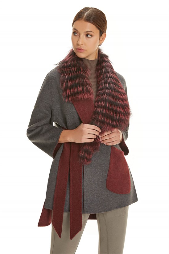 Shaky Women's Loro Piana 100% Wool Fabric Jacket with Fox trimming Claret Red/Grey