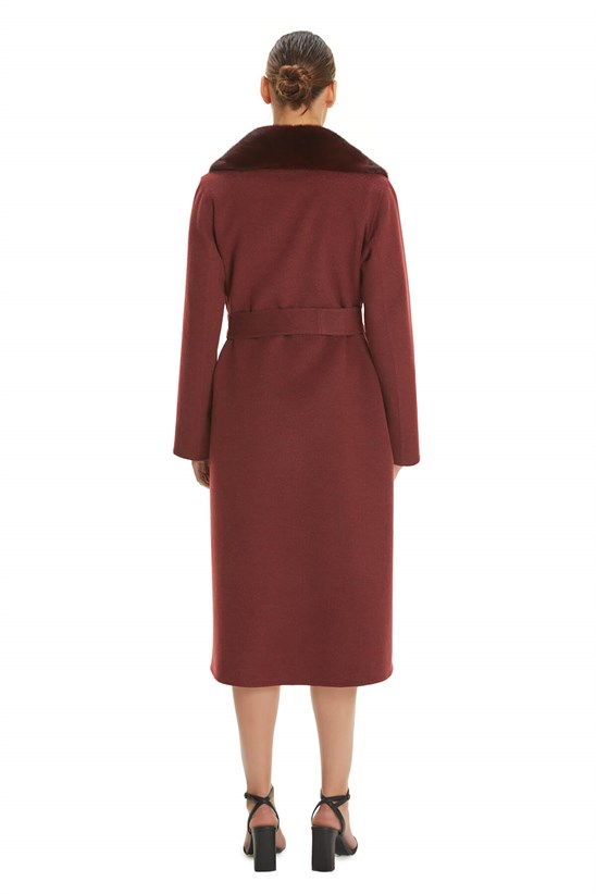 Shaky Women's Loro Piana 100% Wool Fabric Coat with Mink trimming Claret Red/Grey