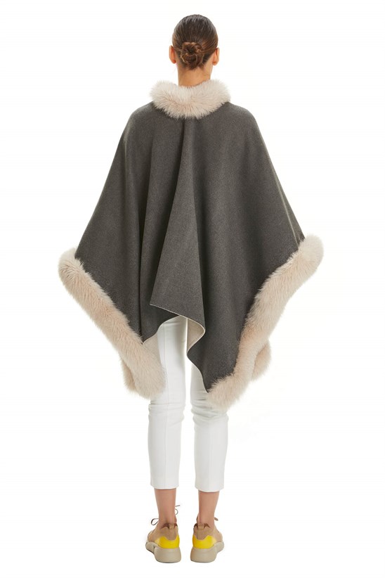 Shaky Women's Loro Piana 100% Wool Fabric Scarf with Fox trimming Beige/Grey