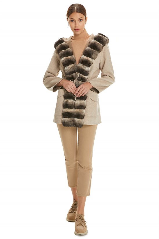 Shaky Women's Loro Piana 100% Wool Fabric Jacket with Chinchilla trimming Beige/Camel