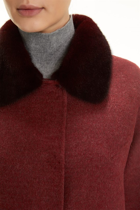 Shaky Women's Loro Piana 100% Wool Fabric Short Coat with Mink trimming Claret Red/Grey