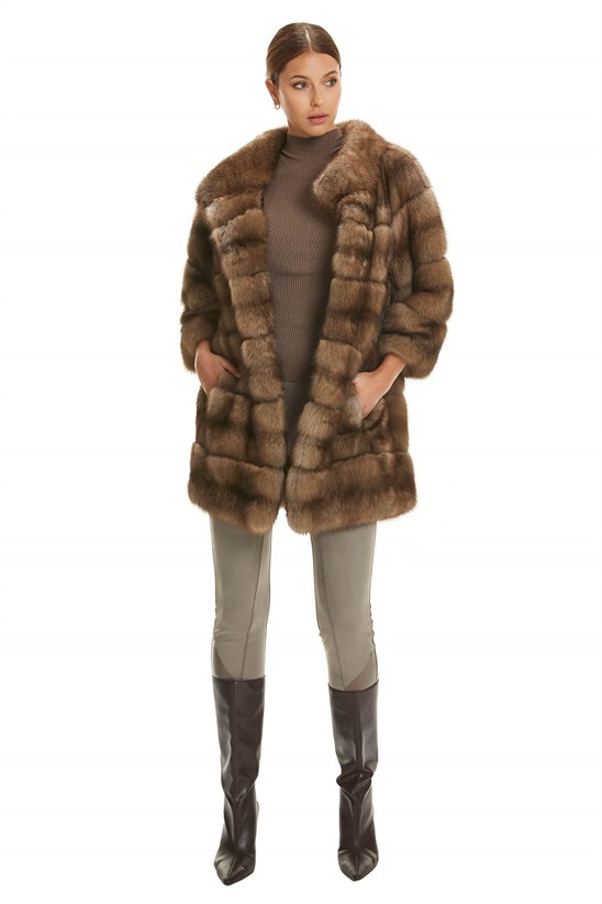 Shaky Women's Sable Fur Short Coat with Suede Leather trimming Tortora