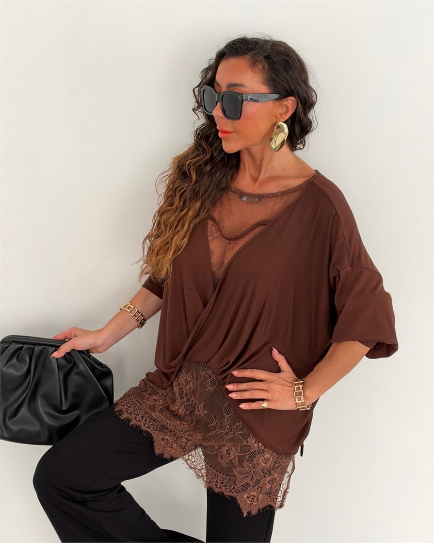 Anja Sırtı Dantelli Bluz Kahve