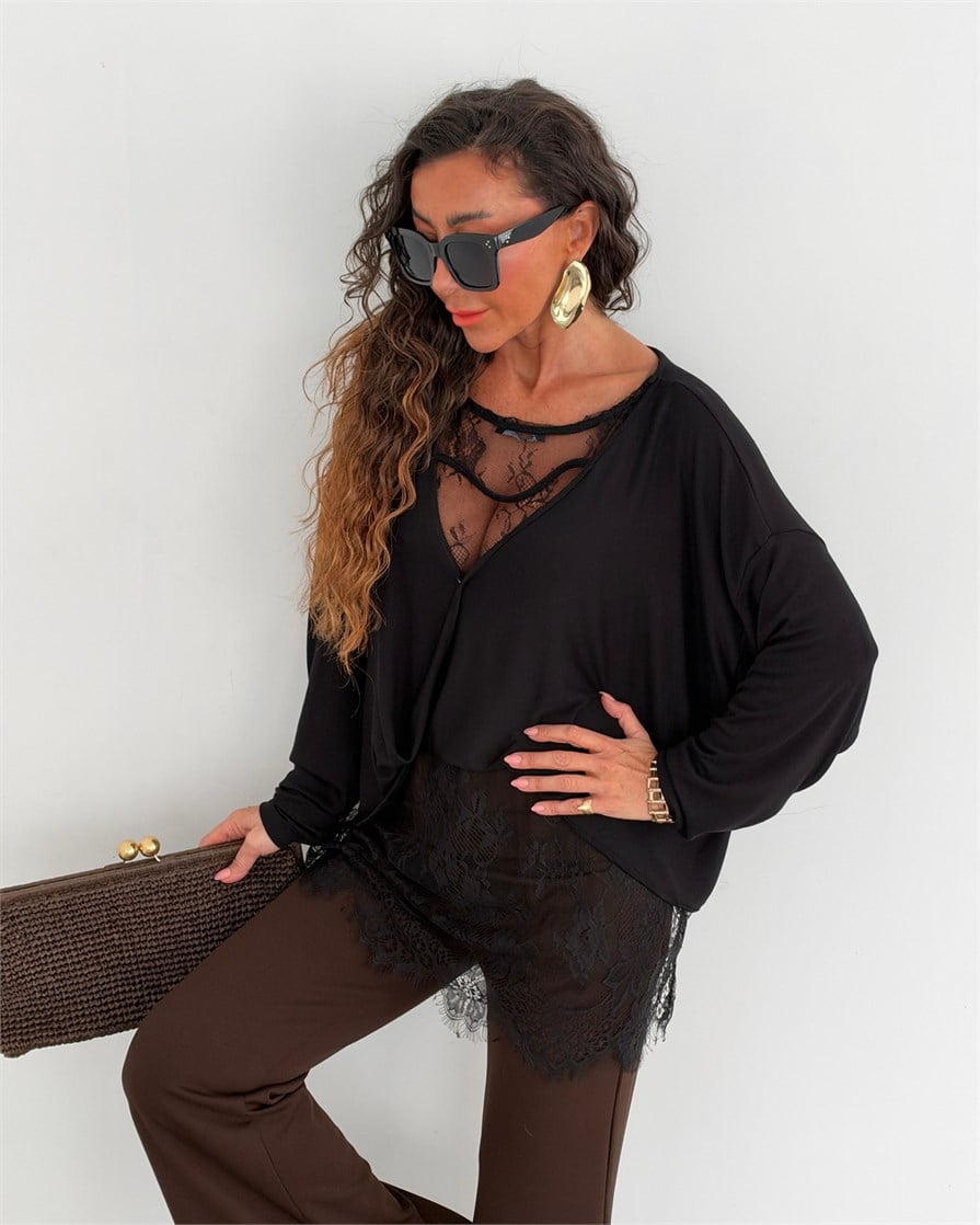 Anja Sırtı Dantelli Bluz Siyah
