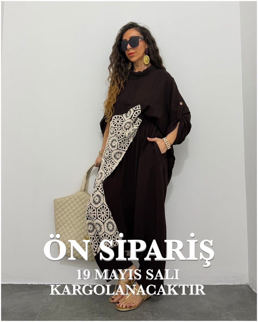 Bohem Keten Dantelli Şalvar Takım Kahve (ÖN SİPARİŞ)