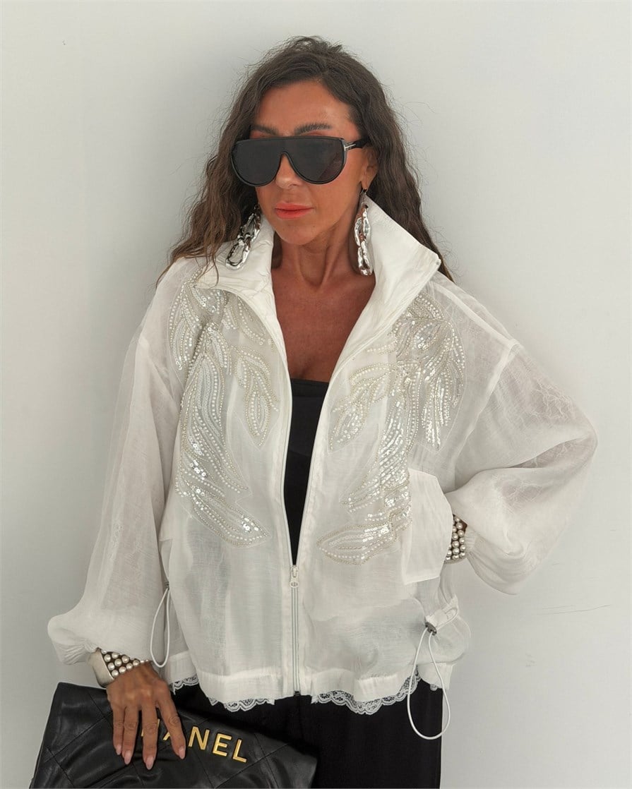 Bonnie Taşlı Organze Ceket Beyaz