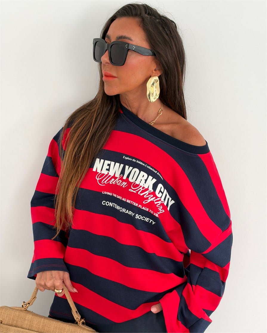 Newyork Çizgili Sweatshirt Kırmızı