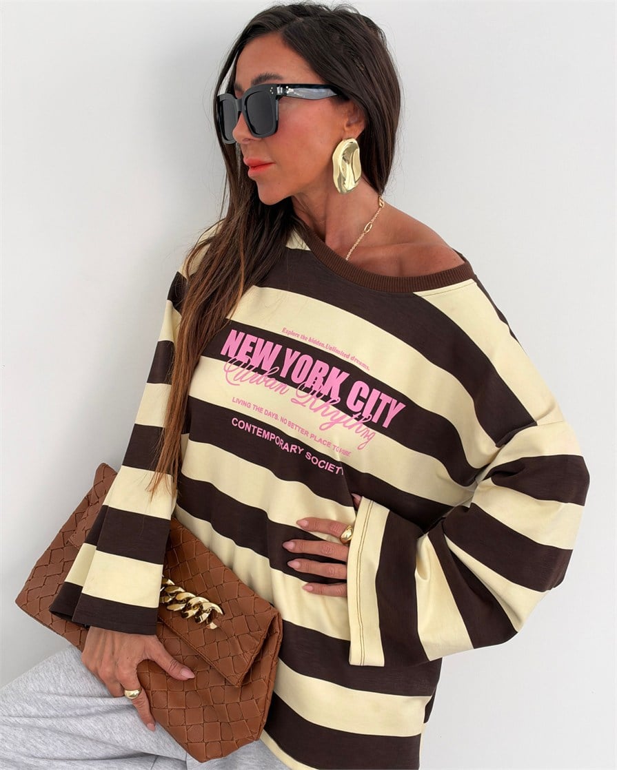 Newyork Çizgili Sweatshirt Sarı