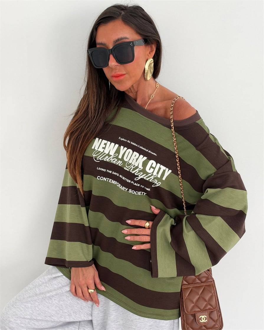 Newyork Çizgili Sweatshirt Yeşil