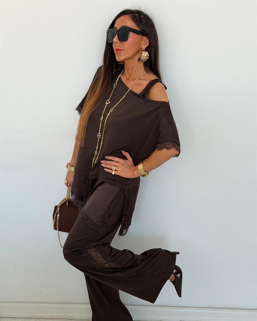 Queen Saten Dantel Takım Kahve 