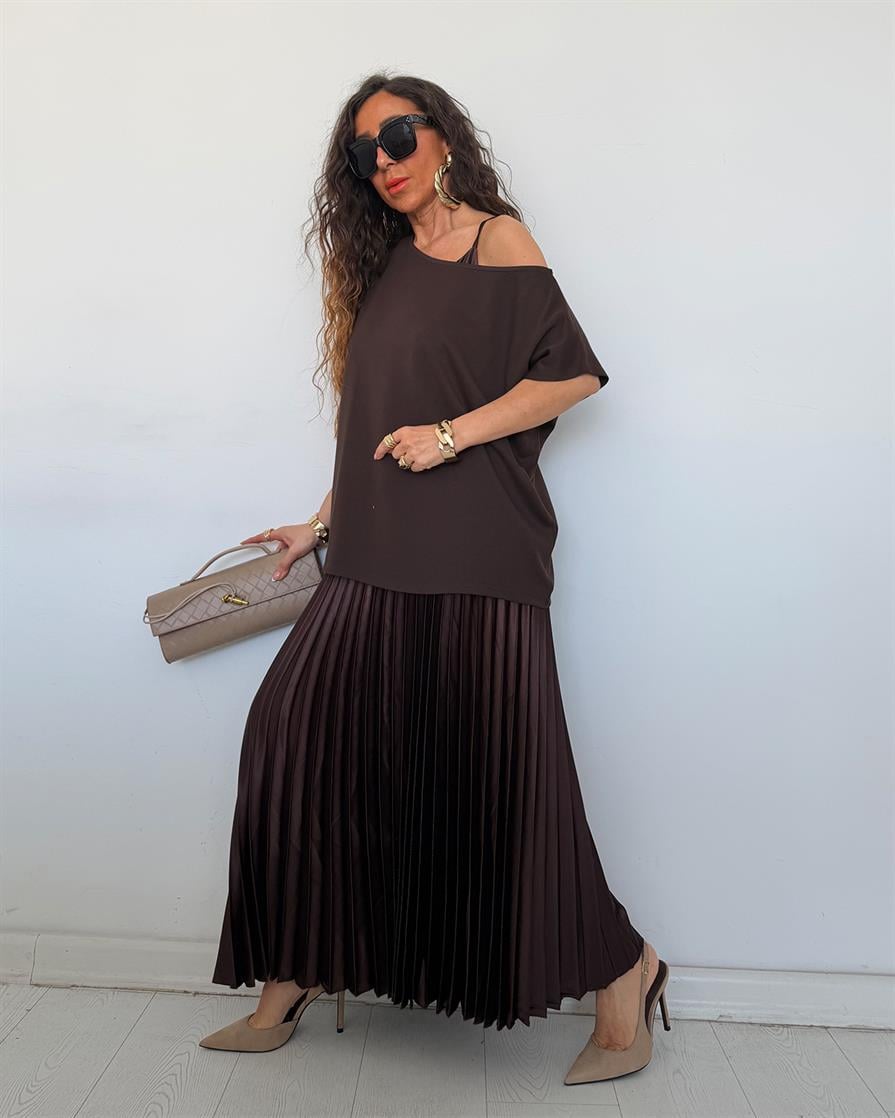 Siesta Saten Piliseli Elbise Kahve