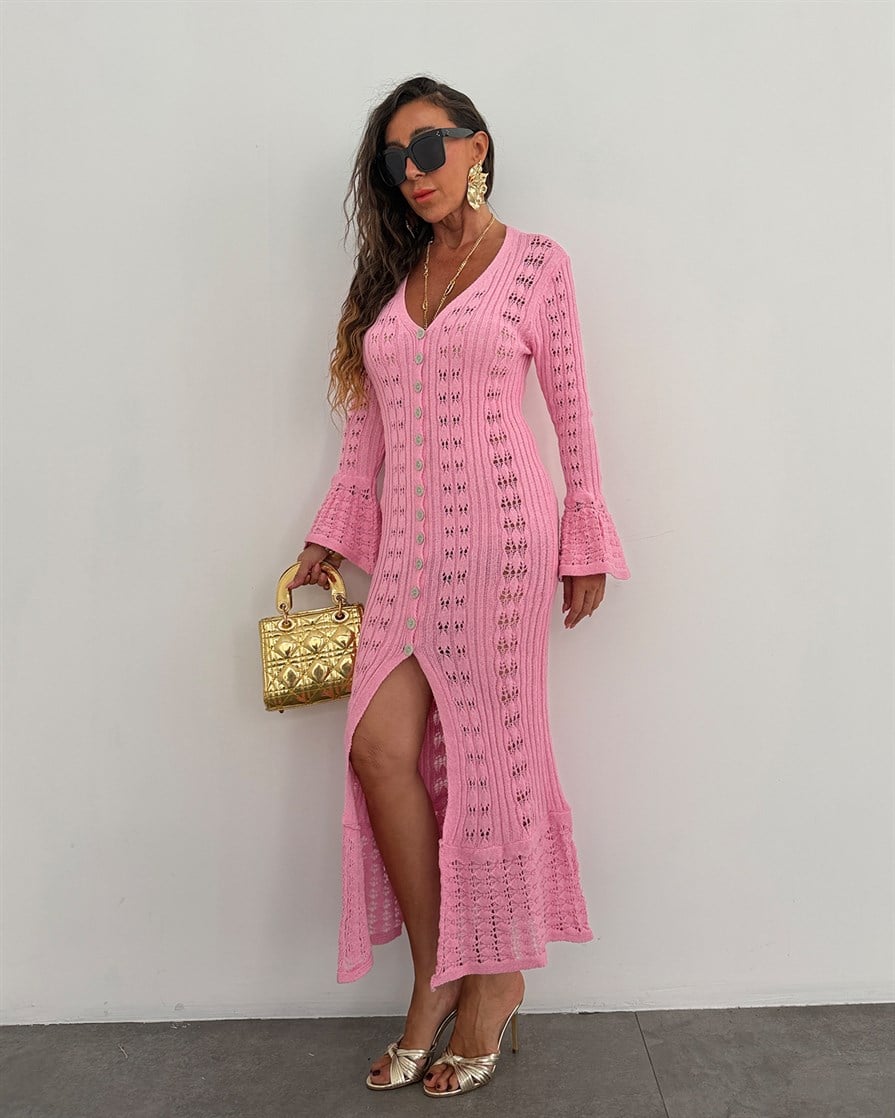 Vina Düğmeli Triko Elbise Pembe