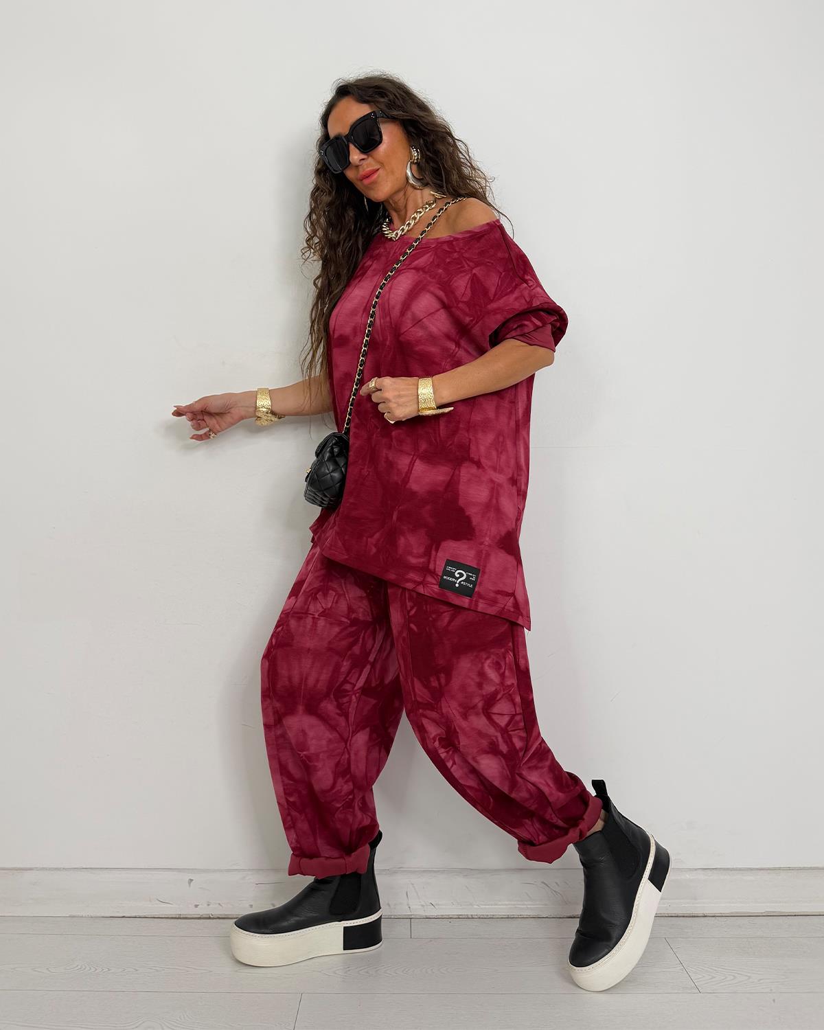 Batik Desen Tül Elbise Bordo | Zülays