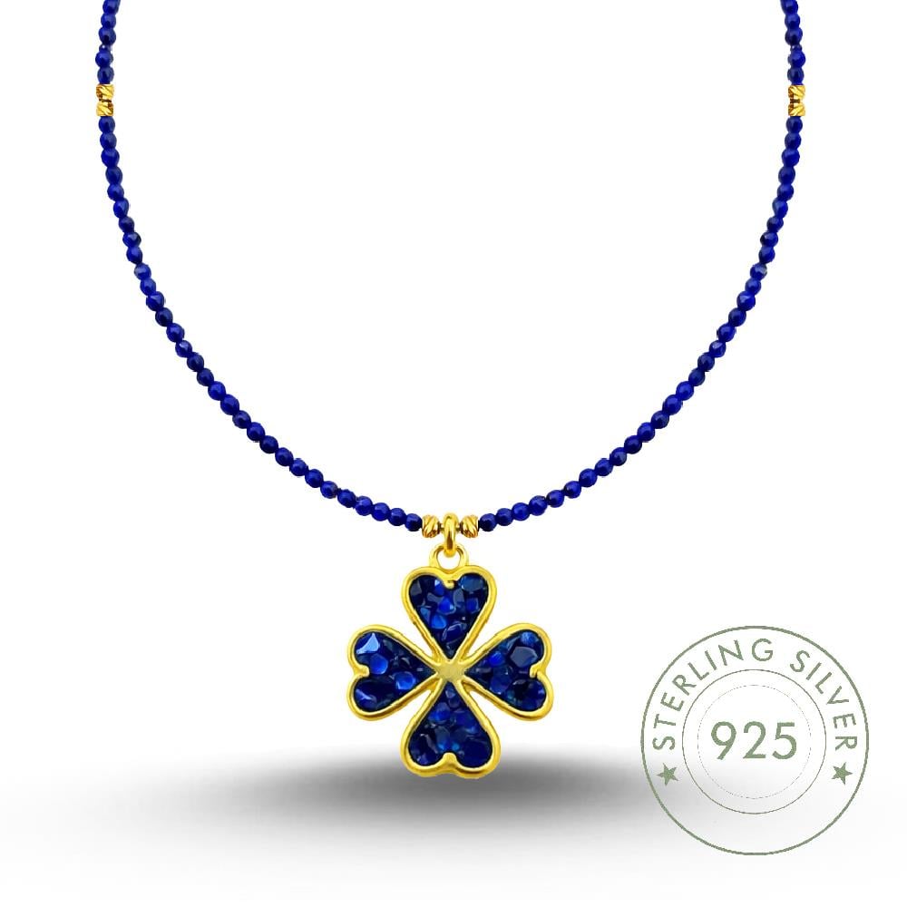 Kadın 925 Ayar Gümüş 2.14 mm Sodalite Taşlı Kırık Safir taş Tasarımlı Yonca Kolye