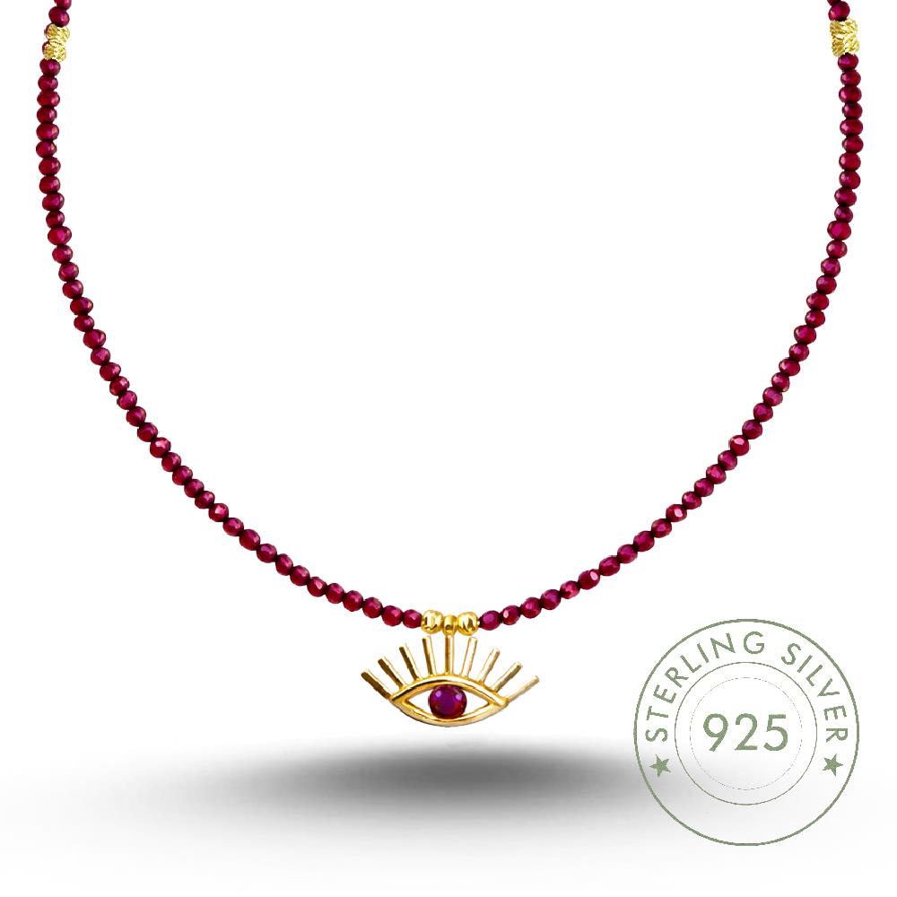 Kadın 925 Ayar Gümüş Göz Tasarımlı 2,5 mm Faset kesim Ruby ReNK Quartz Taş Kolye
