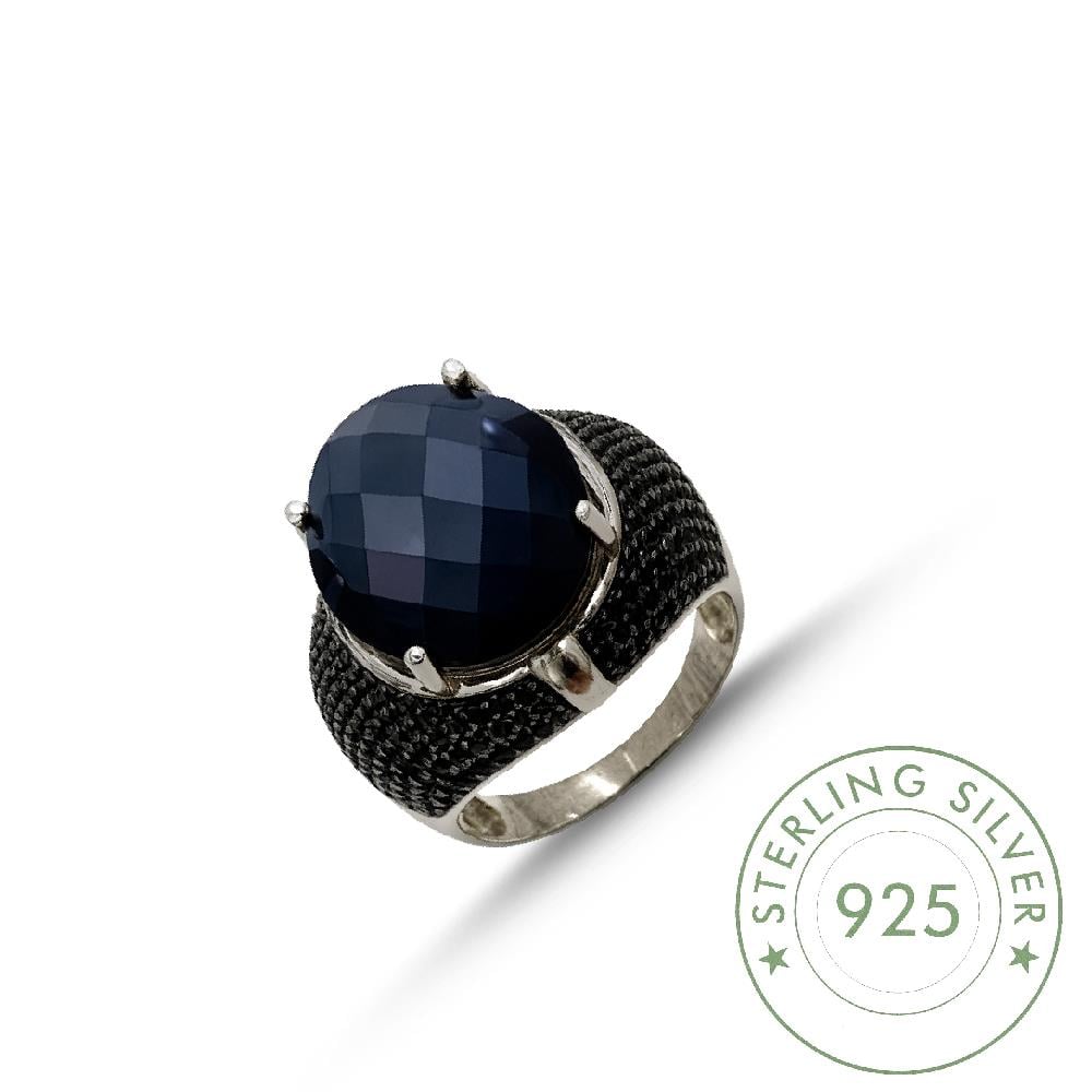 Kadın Gümüş 925 Ayar Safir Faset Kesim Taşlı Oval Tasarımlı Yüzük 21 Numara