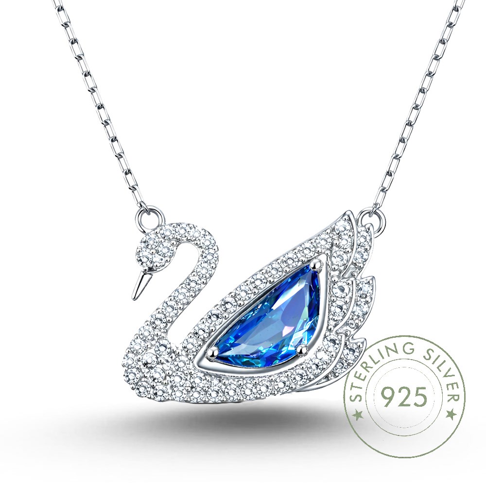 Kadın Gümüş Kolye 925 Ayar Safir Taş Kuğu Tasarımlı 40+5 Cm Zincirli Kolye