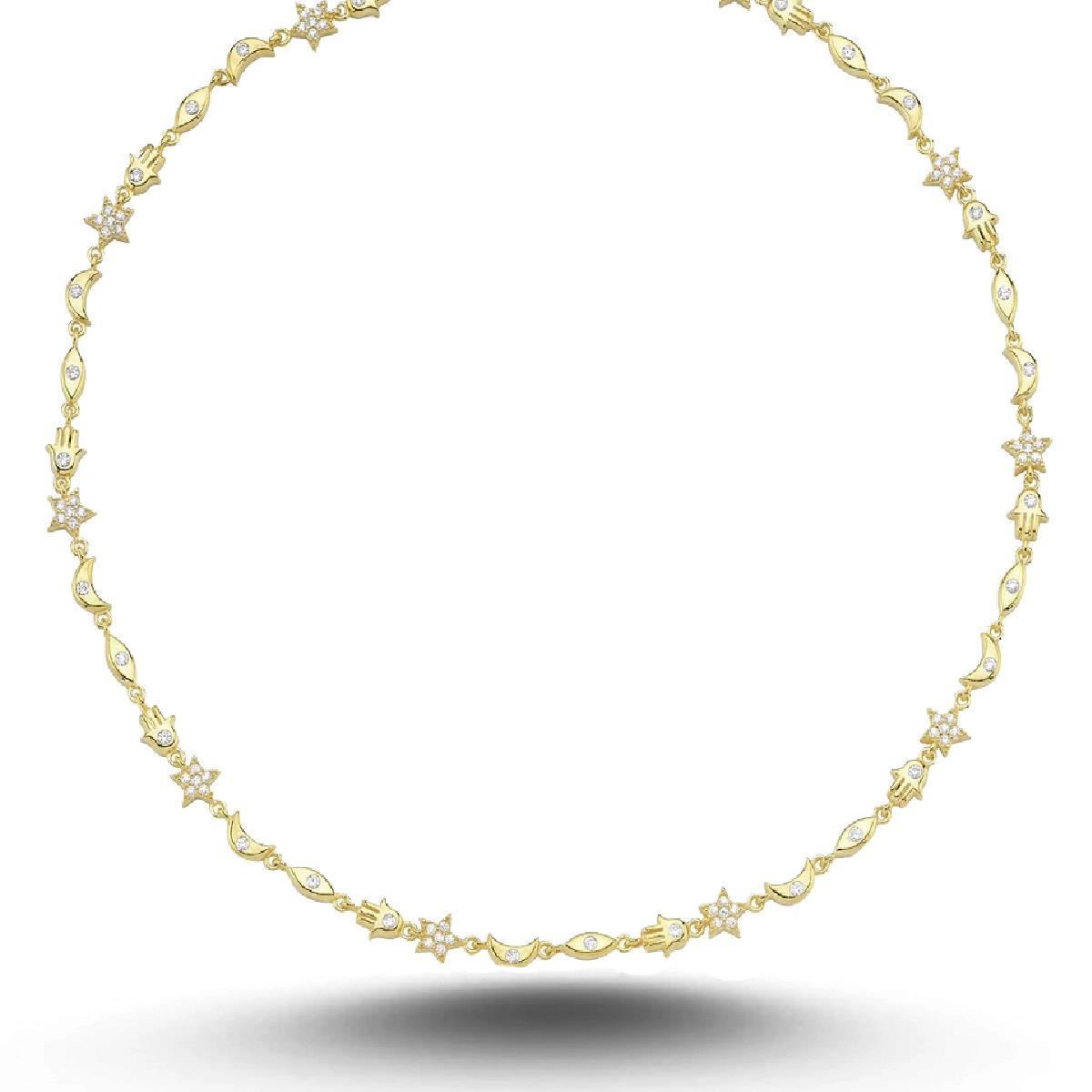 925 Ayar Gümüş Ay Yıldız ve Fatma Ana Eli Tasarımlı Choker Kolye 8,68gr