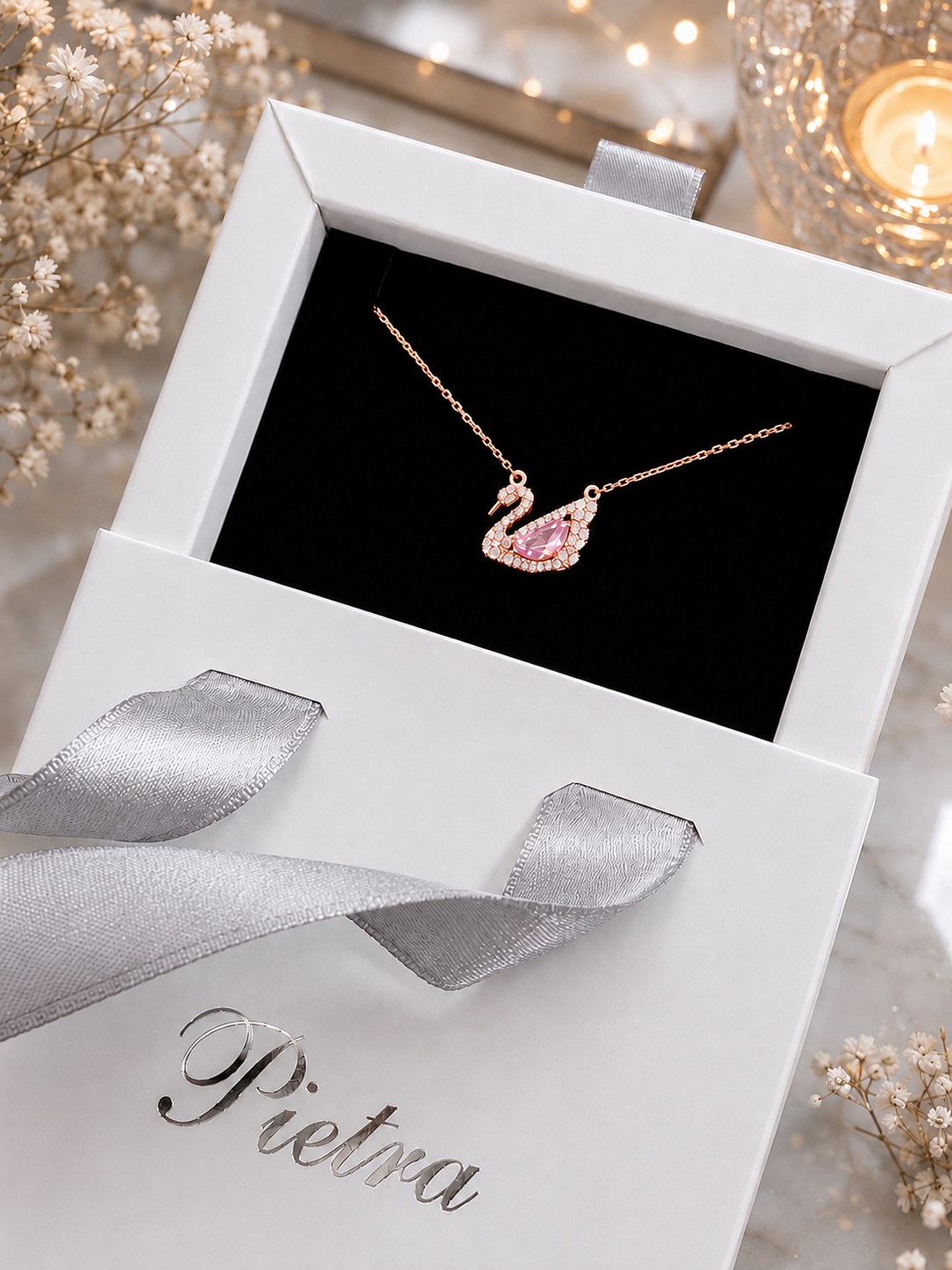 Pembe Zirkon Taşlı Kuğu Kolye | 925 Ayar Gümüş Kolye- Gümüş Kuğu Kadın Kolye- Kuğu Kolye Gümüş