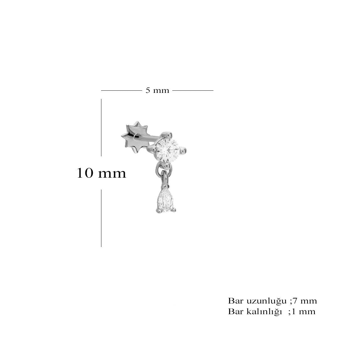 Unisex 925 Ayar Gümüş Tek Taş Tasarımlı Damla Sallantılı Tragus