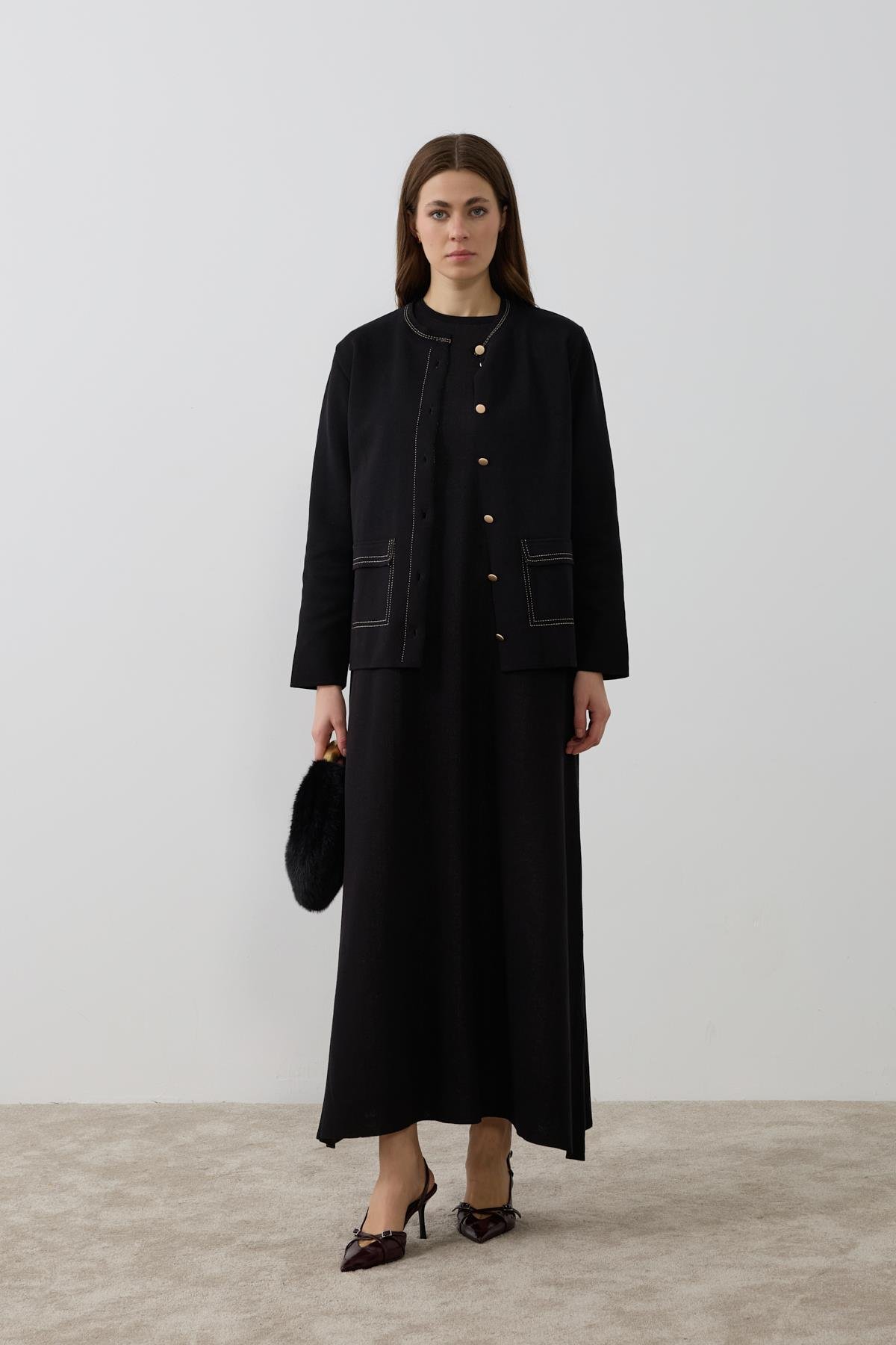 Adela Dikiş Detaylı Triko İçlik Elbiseli Takım SİYAH