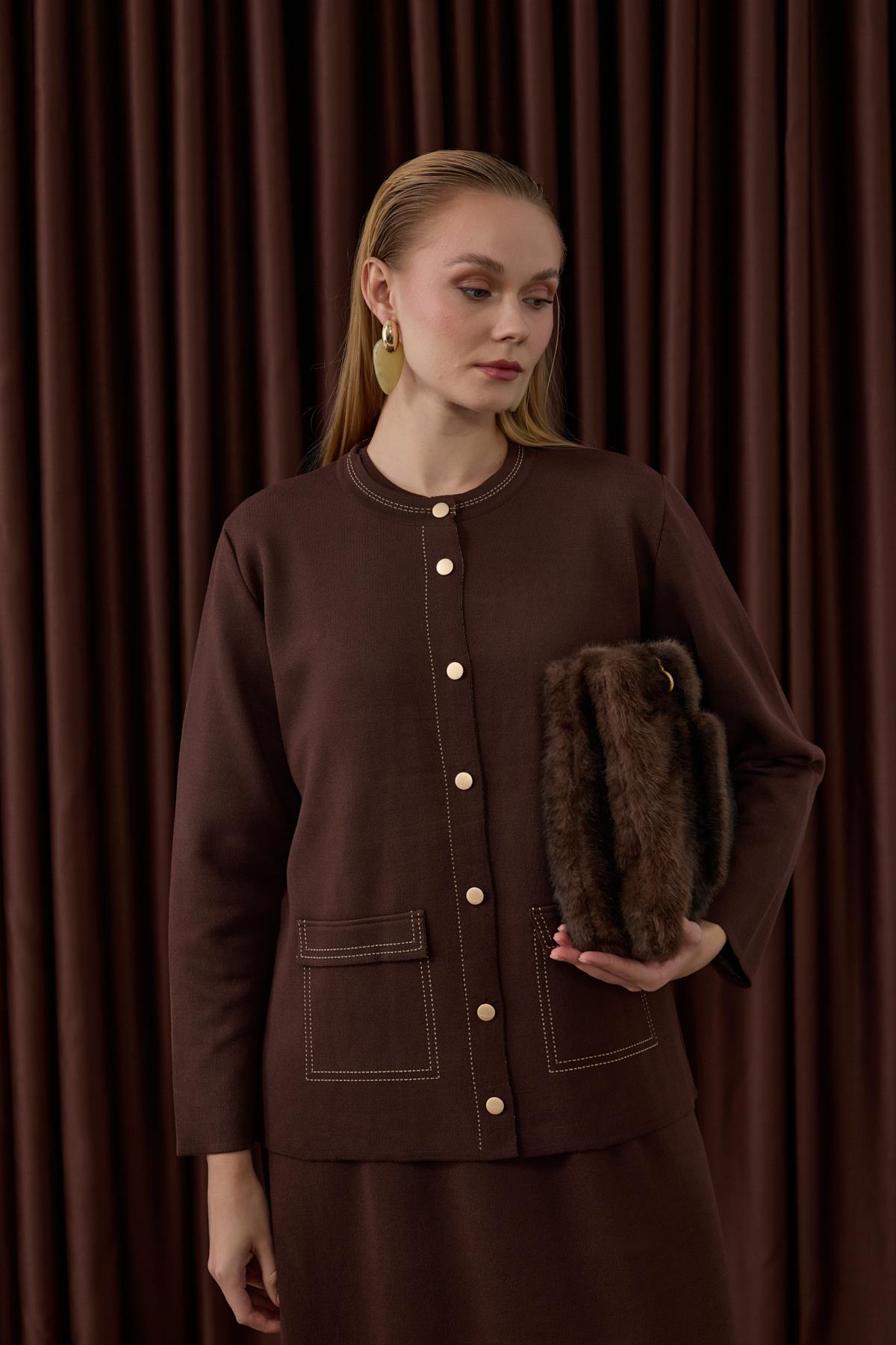 Adela Dikiş Detaylı Triko İçlik Elbiseli Takım KAHVERENGİ