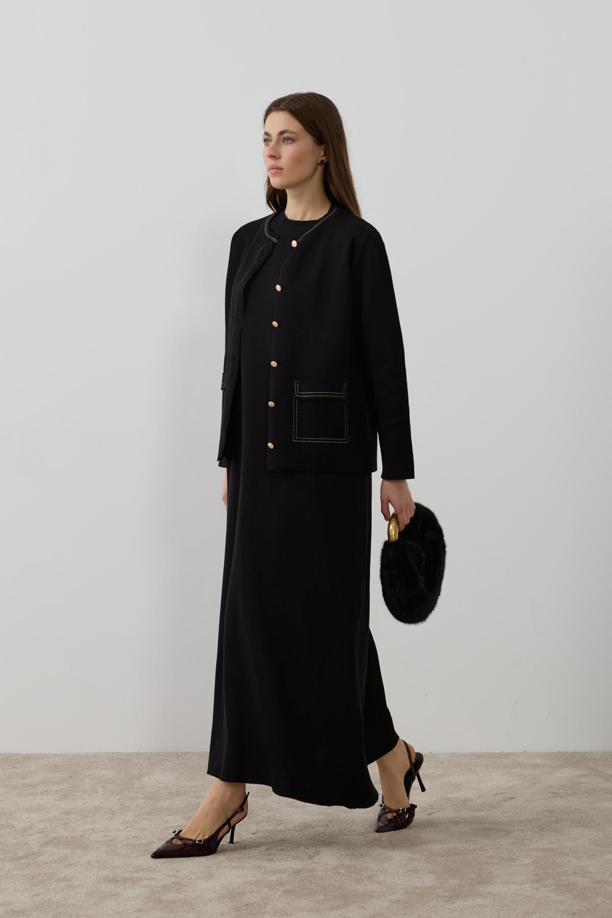 Adela Dikiş Detaylı Triko İçlik Elbiseli Takım SİYAH