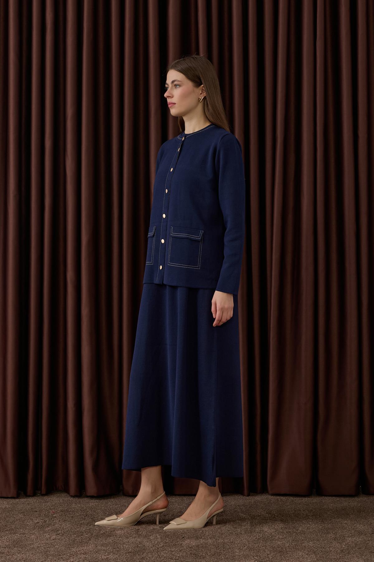 Adela Dikiş Detaylı Triko İçlik Elbiseli Takım LACİVERT