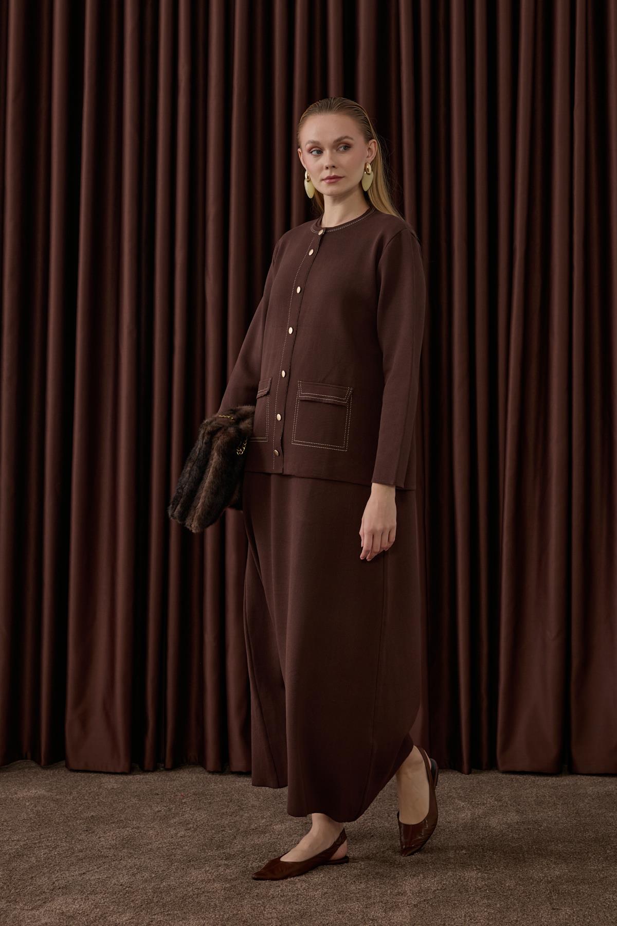 Adela Dikiş Detaylı Triko İçlik Elbiseli Takım KAHVERENGİ