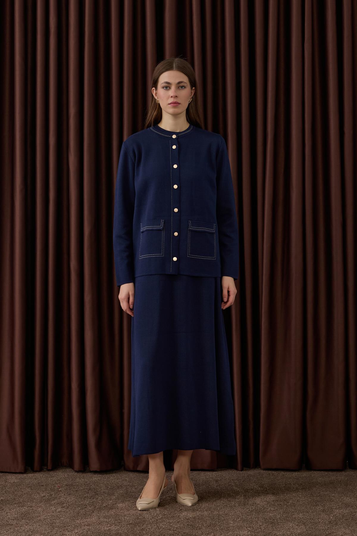 Adela Dikiş Detaylı Triko İçlik Elbiseli Takım LACİVERT